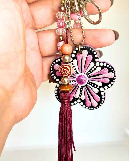 Chaveiro Flor Rosa com Passarinho