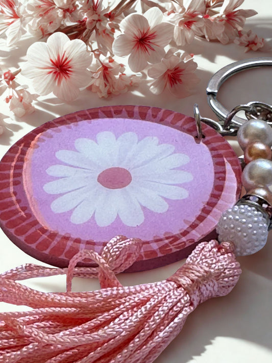 Chaveiro Margarida Rosa com Tassel e Florzinha Charme