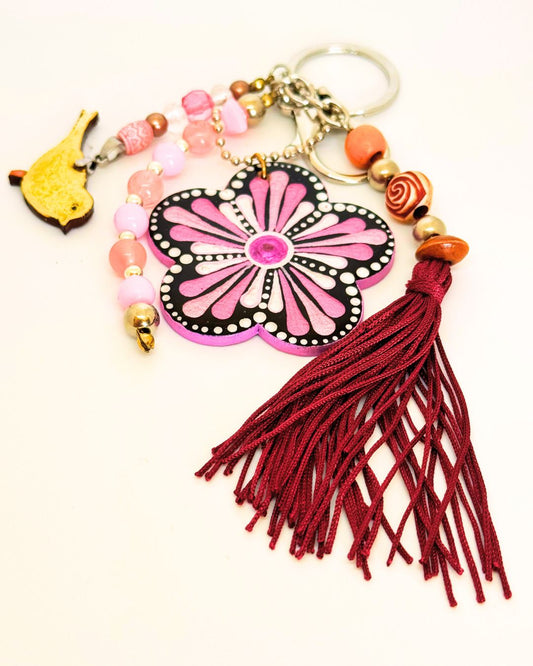 Chaveiro Flor Rosa com Passarinho