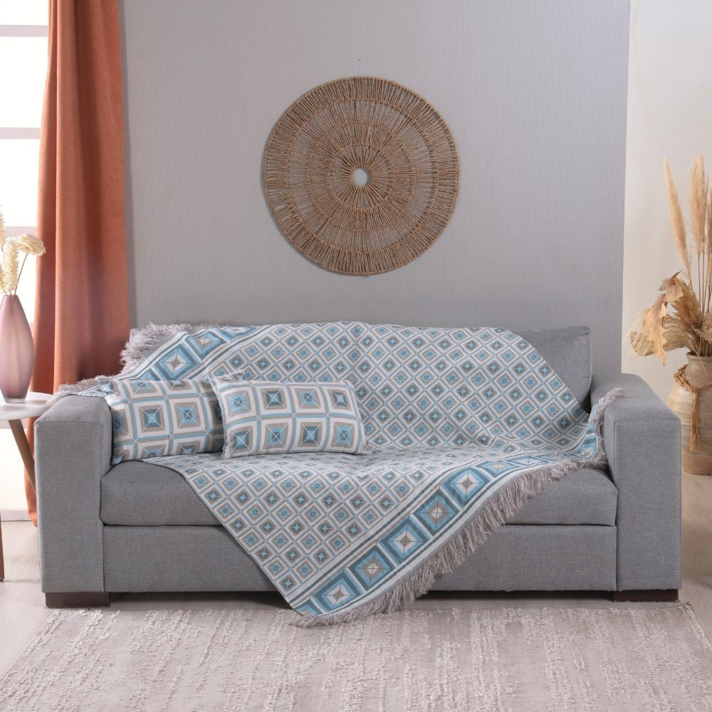 Kit Xale Sofá Com Franja Marrocos 5 Peças 1,35 x 1,35 60% Algodão / 40% Poliéster Jacquard Almofadas Cheias - Azul