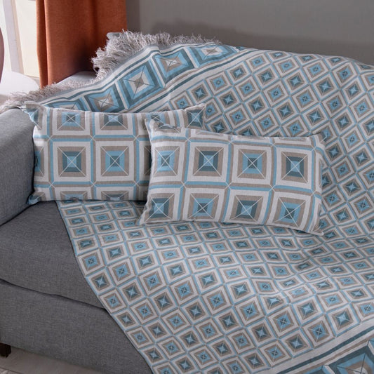 Kit Xale Sofá Com Franja Marrocos 5 Peças 1,35 x 1,35 60% Algodão / 40% Poliéster Jacquard Almofadas Cheias - Azul