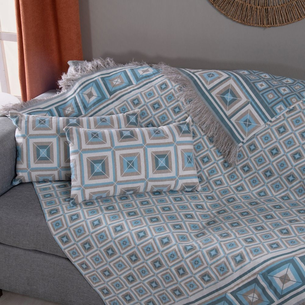 Kit Xale Sofá Com Franja Marrocos 5 Peças 1,35 x 1,35 60% Algodão / 40% Poliéster Jacquard Almofadas Cheias - Azul
