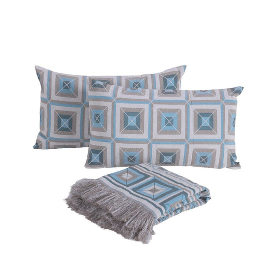 Kit Xale Sofá Com Franja Marrocos 5 Peças 1,35 x 1,35 60% Algodão / 40% Poliéster Jacquard Almofadas Cheias - Azul