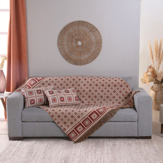 Kit Xale Sofá Com Franja Marrocos 5 Peças 1,35 x 1,35 60% Algodão / 40% Poliéster Jacquard Almofadas Cheias - Vermelho