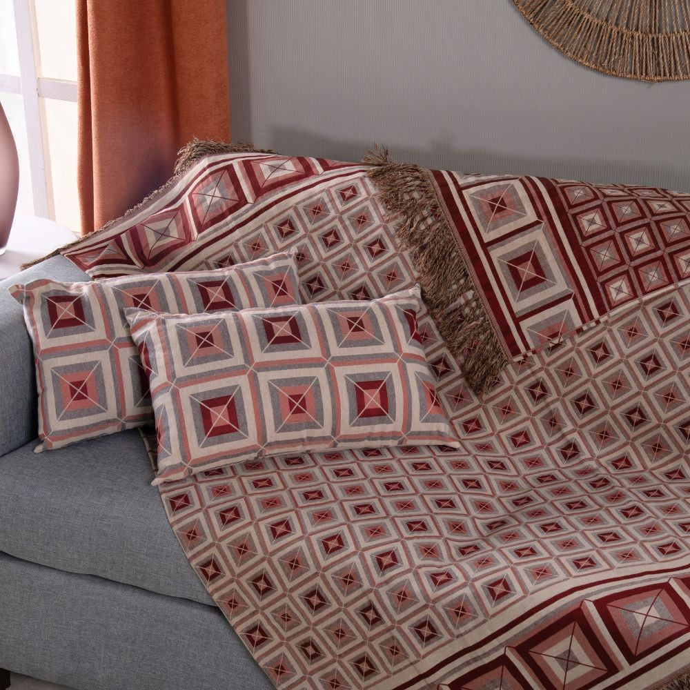Kit Xale Sofá Com Franja Marrocos 5 Peças 1,35 x 1,35 60% Algodão / 40% Poliéster Jacquard Almofadas Cheias - Vermelho