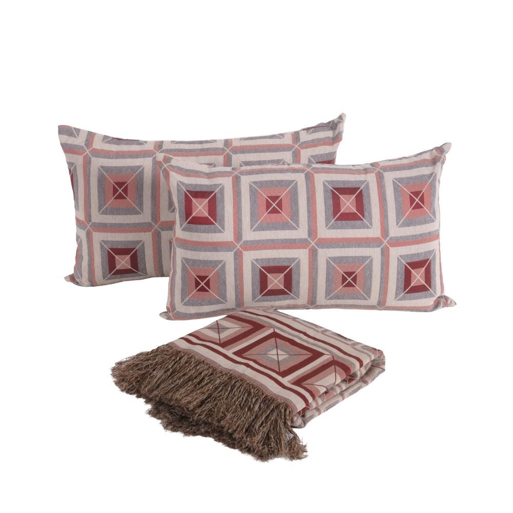 Kit Xale Sofá Com Franja Marrocos 5 Peças 1,35 x 1,35 60% Algodão / 40% Poliéster Jacquard Almofadas Cheias - Vermelho